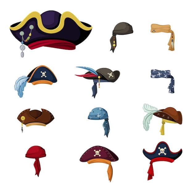 Vector coloridos sombreros de corsario y pirata. pañuelos vintage y sombreros elaborados retro con plumas símbolos del capitán y marinero traje tradicional de ladrones y asaltantes del mar. dibujos animados de vector.