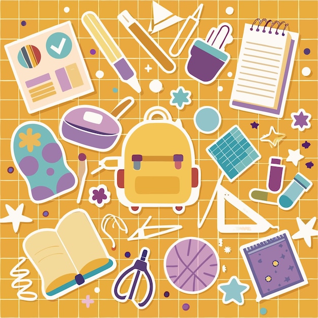 Coloridos suministros de ilustraciones de regreso a la escuela Iconos y más