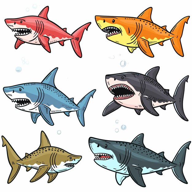 Coloridos tiburones de dibujos animados que nadan bajo el agua diferentes especies de tiburones ilustrados dinámicos