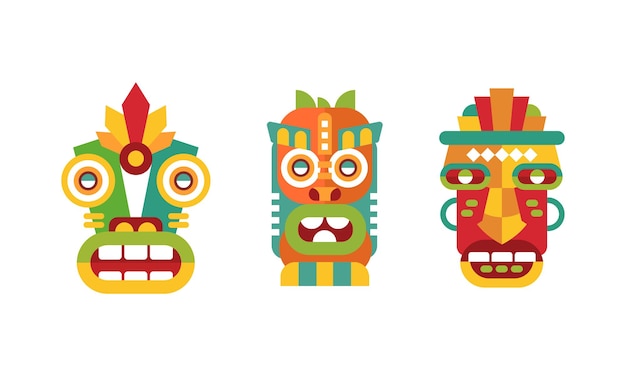 Coloridos tótems indios nativos americanos conjuntos de objetos rituales tribales de madera Ilustración vectorial