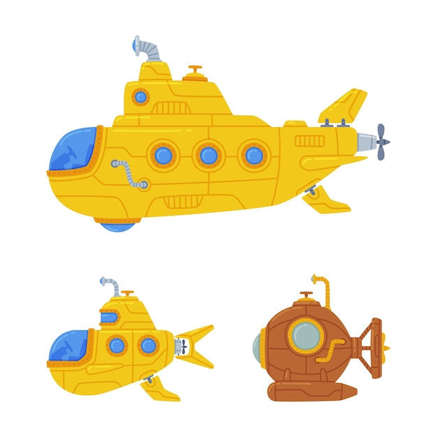 Colorosa embarcación submarina con set de vectores submarinos de natación en obturador