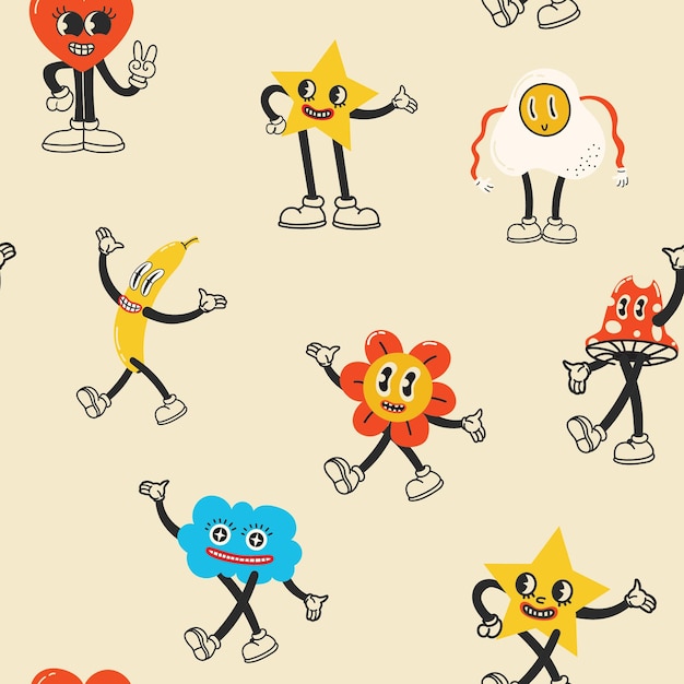 Colorosa etiqueta de cara feliz divertida conjunto de patrones sin costuras Colección de pegatinas retro de moda fondos de dibujos animados papel tapiz de arte de personajes de cómics extraños