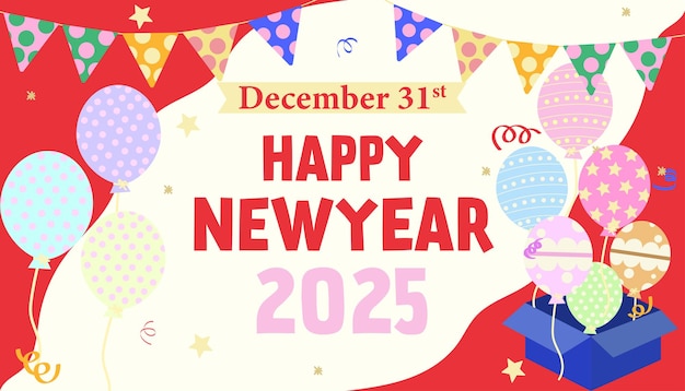 Colorosa tarjeta de celebración de la víspera de Año Nuevo 2025 con ilustración vectorial de globos