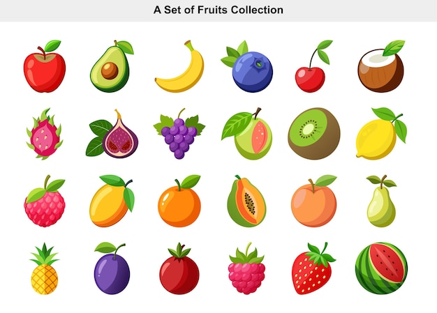 Colorosa variedad de frutas al estilo de dibujos animados manzana aguacate bayas tropicales y más en blanco