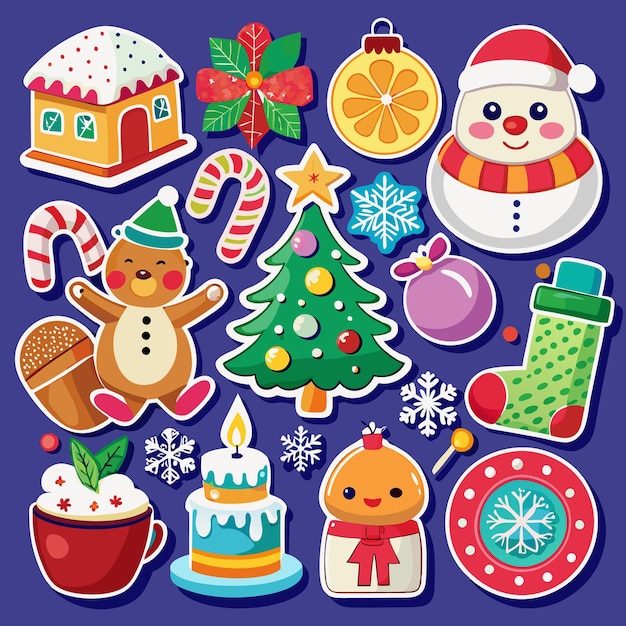 Colorosas pegatinas navideñas con varios elementos festivos, incluida una casa de pan de jengibre, un muñeco de nieve, un árbol de Navidad, caramelos, cañas, copos de nieve y una medias.