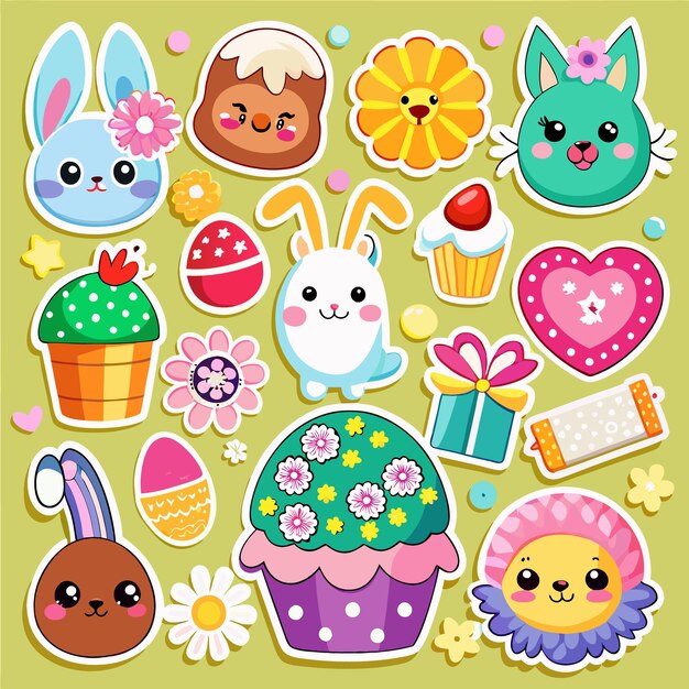 Colorosas pegatinas de Pascua con flores de gato de huevos de conejo y ilustraciones de regalos
