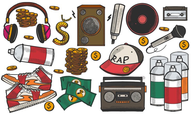 Coloroso conjunto dibujado a mano de música rap doodle conjunto de instrumentos musicales aislados en fondo blanco