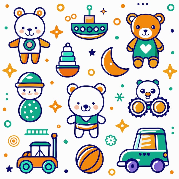 Coloroso conjunto de dibujos animados de juguetes para niños osos de peluche apilando anillos un submarino un coche y una pelota