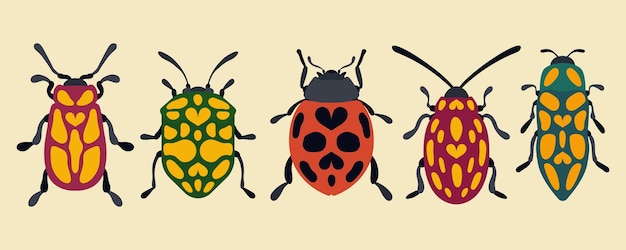 Coloroso conjunto de escarabajos Vector Ilustración coloridos escarabajes con distintos patrones en forma de corazón en sus espaldas La obra de arte destaca la diversidad y el diseño único en la anatomía de los insectos