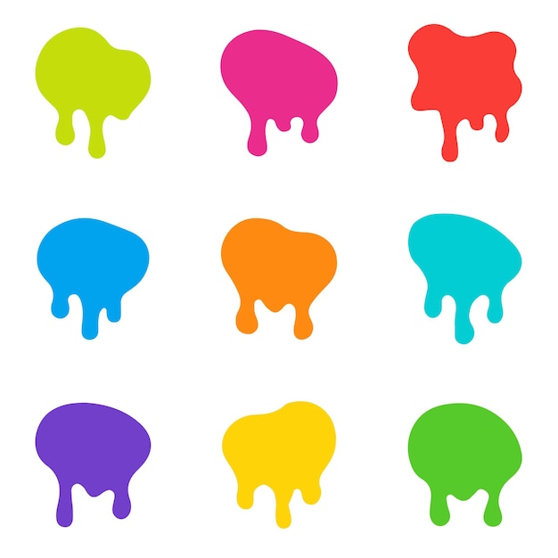 Coloroso conjunto de gotas de pintura goteantes Formas de salpicaduras líquidas aisladas en blanco