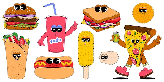 Coloroso conjunto de personajes de comida rápida en estilo de dibujos animados retro Ilustración de mascota vectorial de hamburguesa