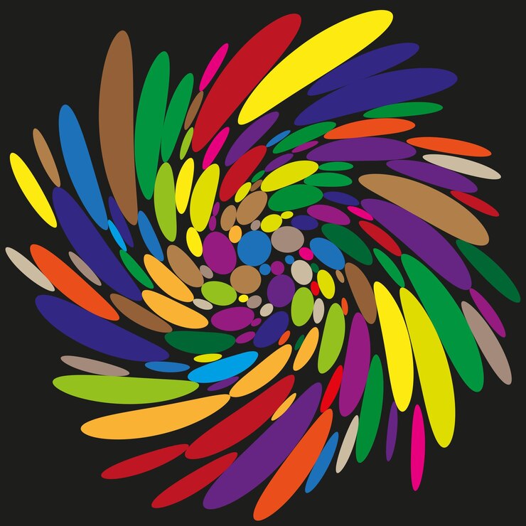 Vector coloroso cúmulo de elipses forma brillante remolino movimiento vectorial abstracto detalle de fondo negro