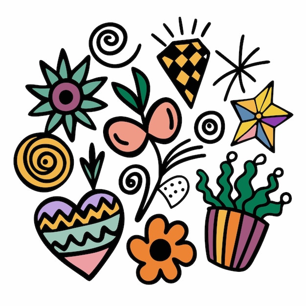 Coloroso juego de garabates con flores de corazón estrella de diamantes y remolinos
