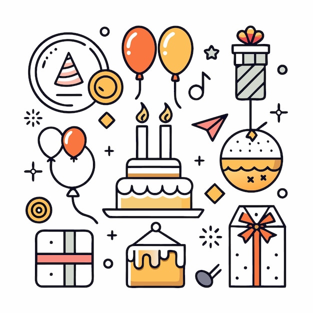 Coloroso juego de iconos de fiestas de celebración que incluye globos, cajas de regalos de pasteles y confeti