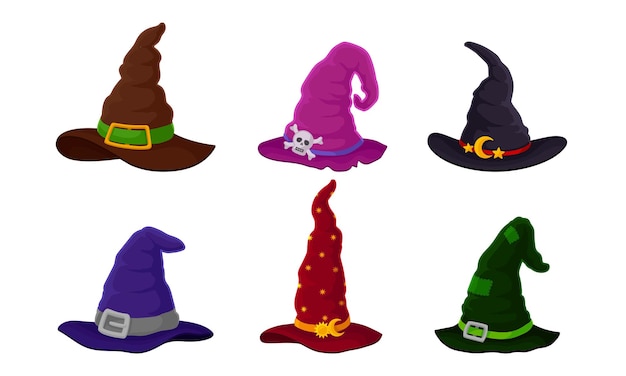 Coloroso sombrero de bruja y mago con cinturón y gorra puntiaguda