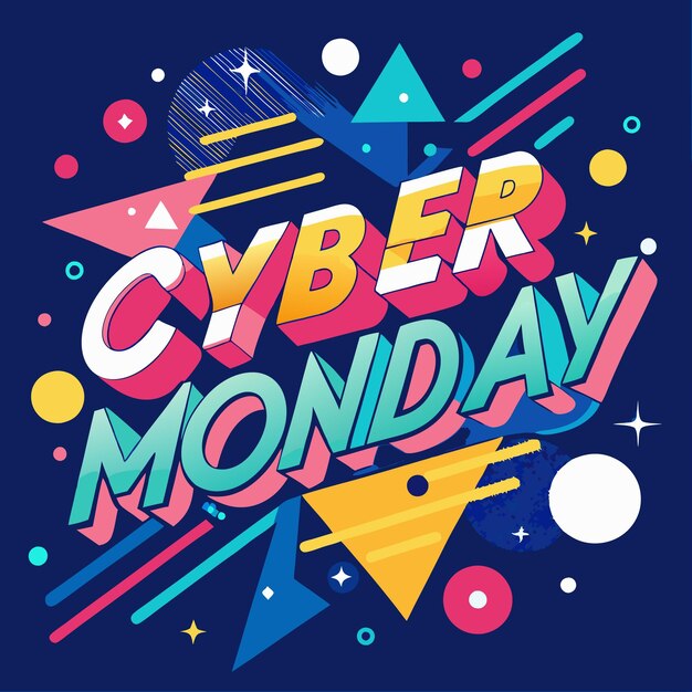 Coloroso texto en 3D Cita de Cyber Monday Cita en un fondo azul con formas geométricas