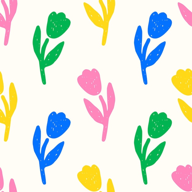 Coloroso tulipán patrón sin costura fondo floral dibujado a mano con tiza dibujando flores