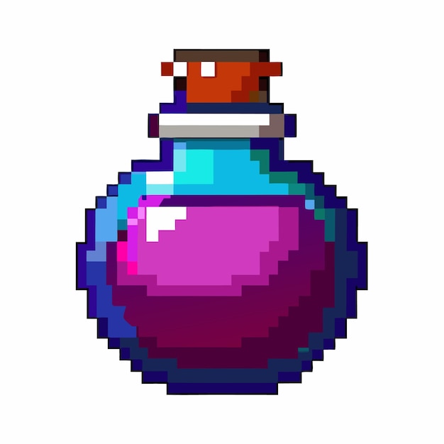 Colourful Pixel Art Potion Bottle Retro Icon de artículo de juego en fondo blanco