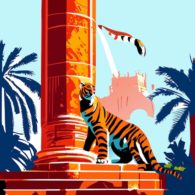 columna histórica y tigre en marruecos ilustración vectorial plana