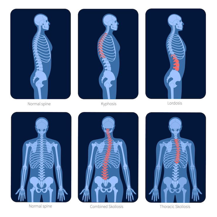 Vector columna vertebral normal y tipos de defectos de la columna. escoliosis en el cuerpo humano. ilustración de vector plano de rayos x. anatomía de la columna vertebral y el esqueleto en silueta de hombre. cartel ortopédico. examen médico en el centro de dolor espinal