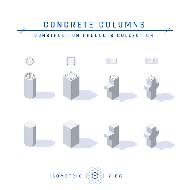 Columnas de hormigón, vista isométrica conjunto de iconos para diseños arquitectónicos en estilo plano