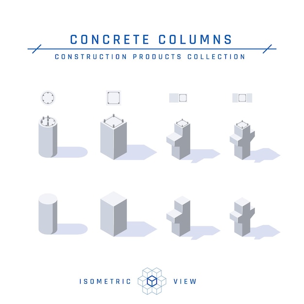 Vector columnas de hormigón, vista isométrica conjunto de iconos para diseños arquitectónicos en estilo plano