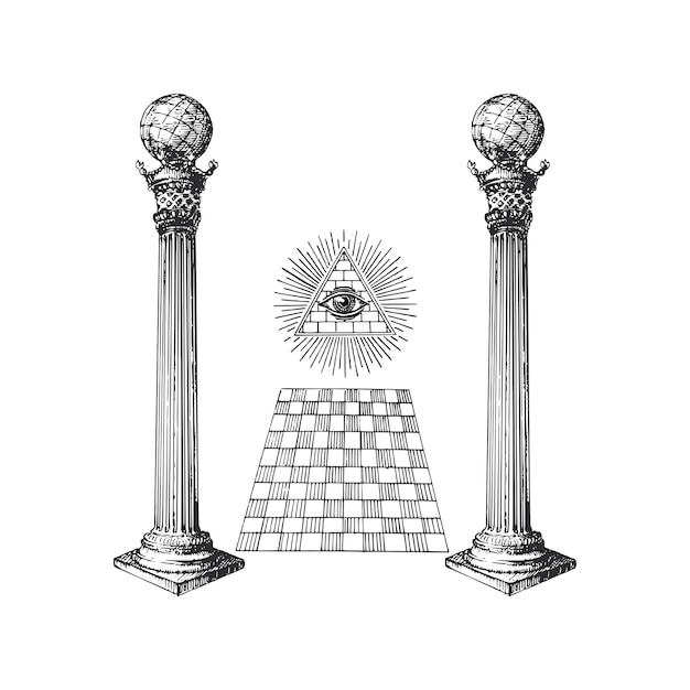 Vector columnas de masonería y concepto de ojo de providencia