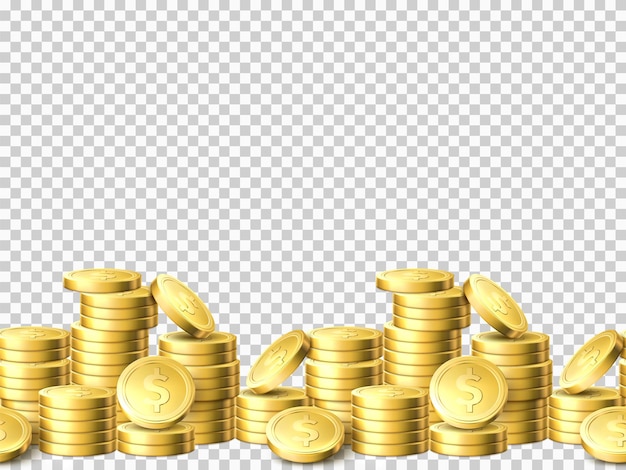 Columnas de monedas de oro transparente. frontera sin costuras dinero realista. centavos de dólar apilados. el tesoro amontona monedas brillantes. beneficios del casino. pilas de mercado. vector 3d aislado en concepto de fondo transparente