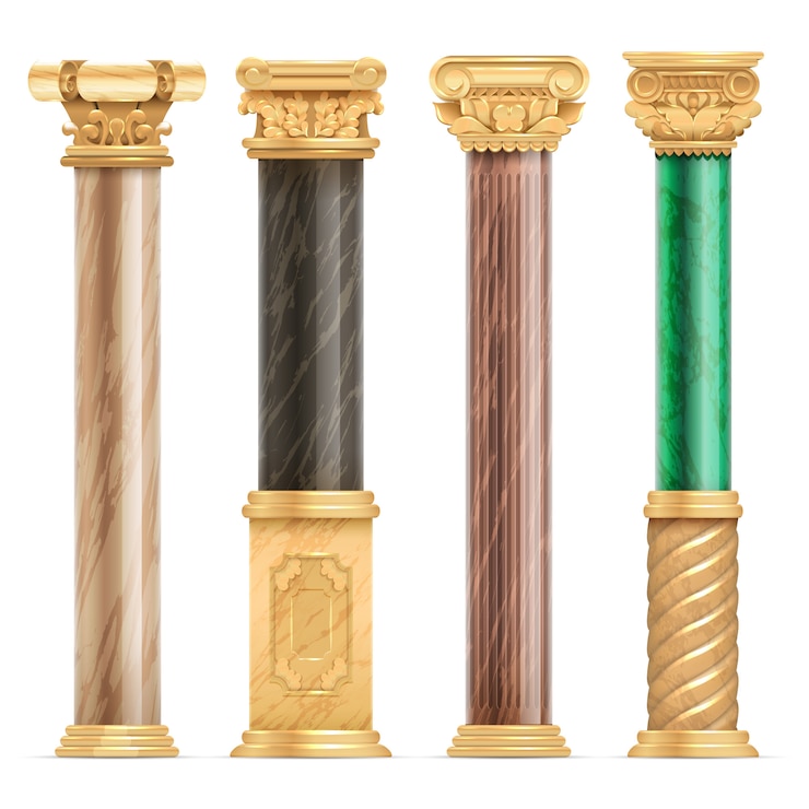 Vector columnas de oro de la arquitectura árabe clásica con el conjunto de mármol de piedra del vector del pilar aislado.