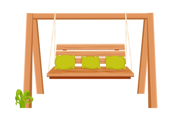 Columpio de madera, muebles de jardín, banco colgante en estilo de dibujos animados aislado sobre fondo blanco.