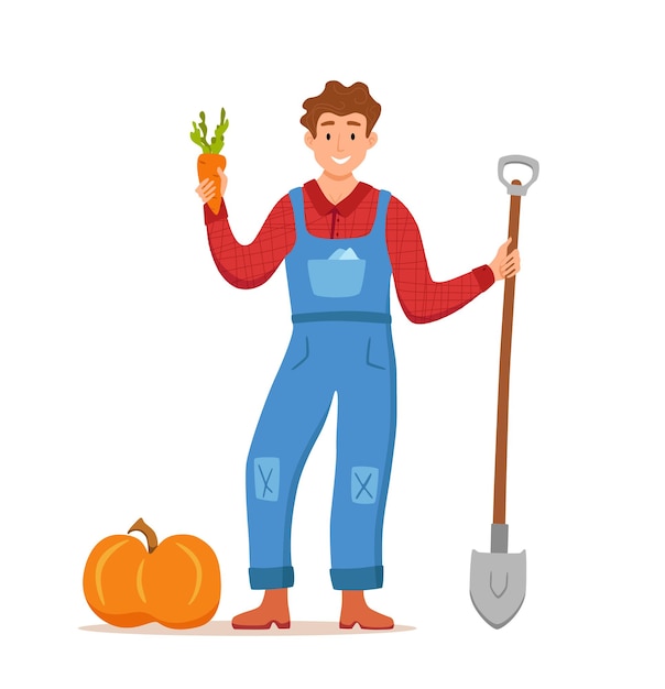 Coma el concepto de vector de dibujos animados de productos orgánicos locales. Ilustración colorida de hombres de carácter de granjero feliz con pala con verduras cultivadas.