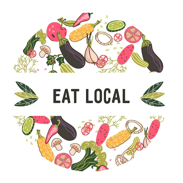 Coma el emblema local o la etiqueta con verduras frescas Elemento del logotipo del mercado de alimentos en el marco del círculo