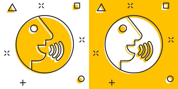 Comando de voz con icono de ondas de sonido en estilo cómico Hablar control vector dibujos animados ilustración pictograma Altavoz personas concepto de negocio efecto de salpicadura