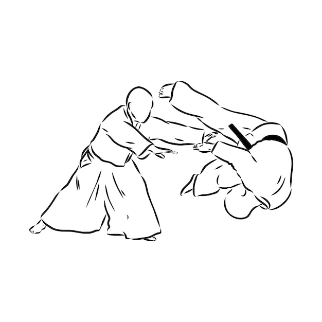 Combate de aikido entre atletas Ilustración vectorial estilizada Esbozo vectorial de aikido