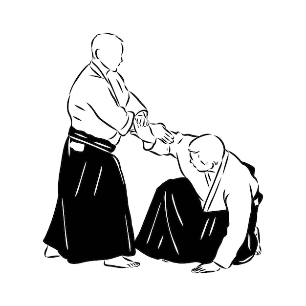 Combate de aikido entre atletas Ilustración vectorial estilizada Esbozo vectorial de aikido