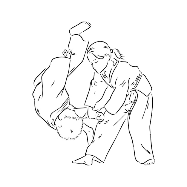 Vector combate de aikido entre atletas ilustración vectorial estilizada esbozo vectorial de aikido