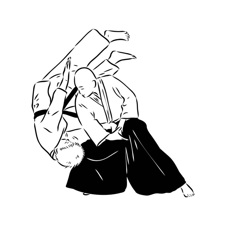 Vector combate de aikido entre atletas ilustración vectorial estilizada esbozo vectorial de aikido