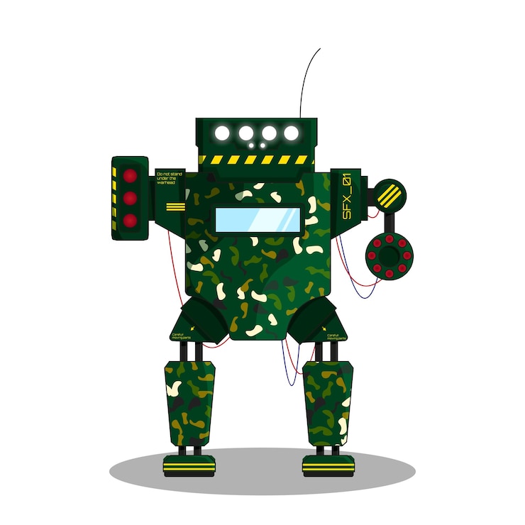 Vector un combate de dos piernas con una cabina de pilotaje y camuflaje militar armado con misiles y una ametralladora