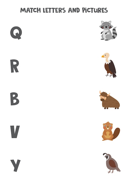 Combina animales con letras del alfabeto inglés. juego educativo para niños. hoja de trabajo de ortografía.