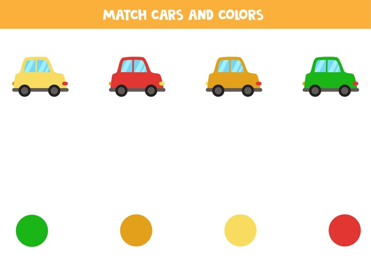 Vector combina coches y colores de dibujos animados. juego educativo de correspondencias para niños.