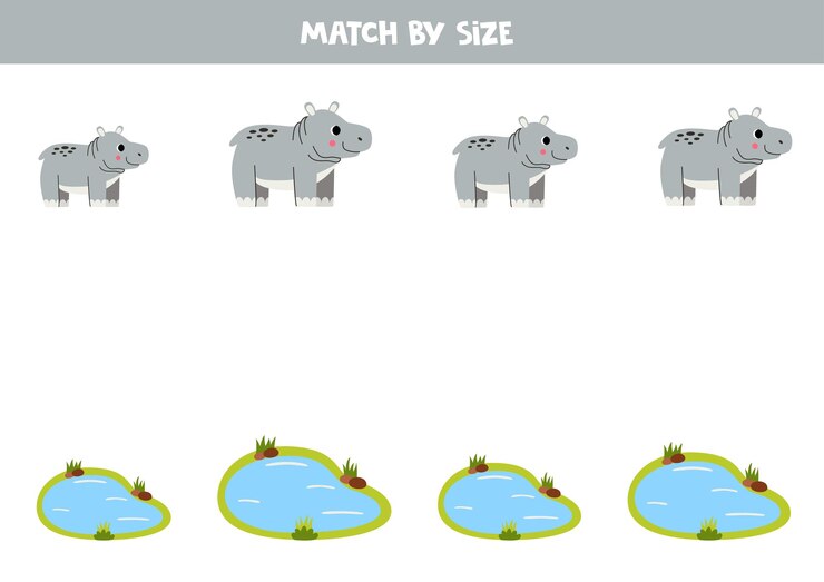 Vector combina hipopótamos lindos y estanques de agua por tamaño juego lógico educativo para niños