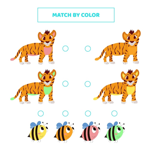 Combina lindos tigres y abejas de dibujos animados por color juego para niños