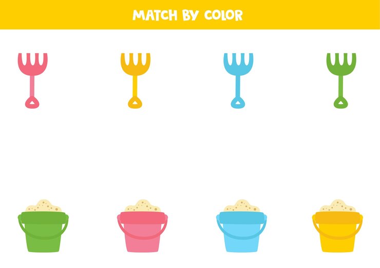 Vector combina rastrillos y montones de dibujos animados por colores. juego de lógica educativo para niños.