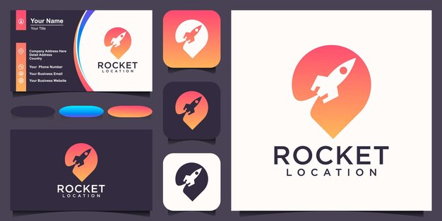Combinación de cohetes con logotipo de ubicación de pin y vector de diseño de tarjeta de visita.