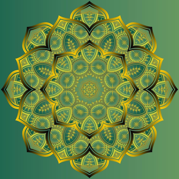 Combinación de color verde texturizado mandala abstracto de negro con líneas de oro amarillo