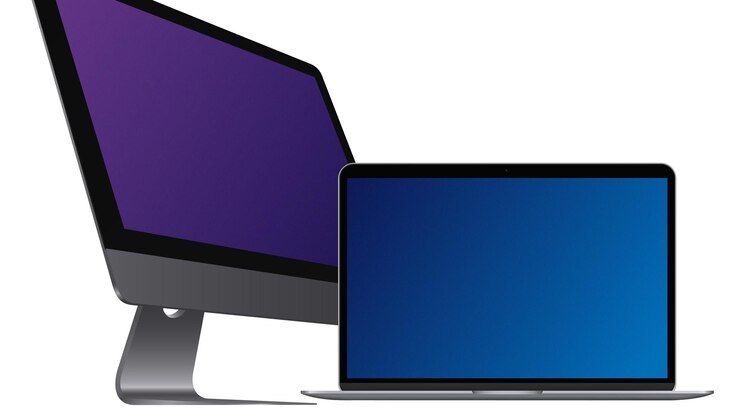 Vector combinación de computadoras. vista frontal de la computadora portátil y la pc. gadgets realistas sobre fondo blanco. ilustración vectorial