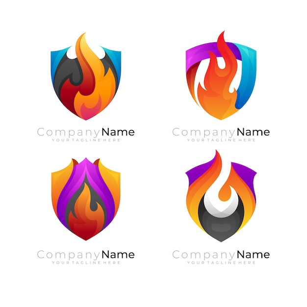 Combinación de diseño de escudo y fuego, estilo colorido 3d