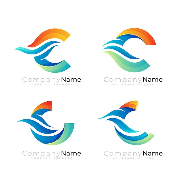 Combinación de diseño de logotipo C y onda de agua, logotipos de colores 3d