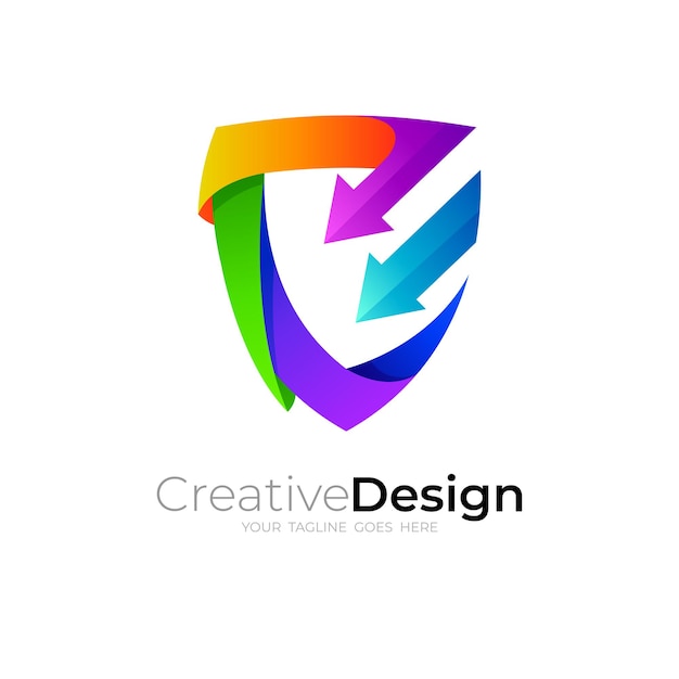 Combinación de diseño de logotipo y flecha de escudo, plantilla de icono colorido 3d