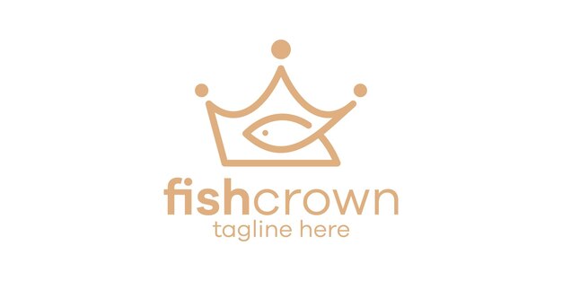 combinación de diseño de logotipo de forma de corona con diseño de logotipo de línea minimalista de pescado